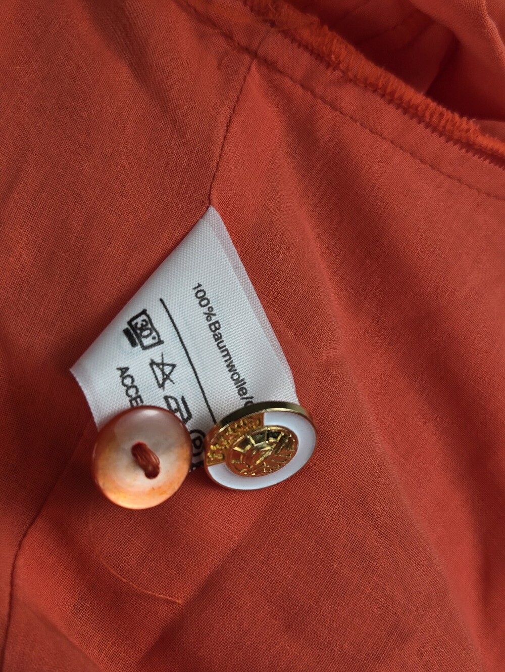 Louis Feraud Coral Cotton Peplum Blouse Tie Back Gold Logo Buttons US 12 - Picture 12 of 12